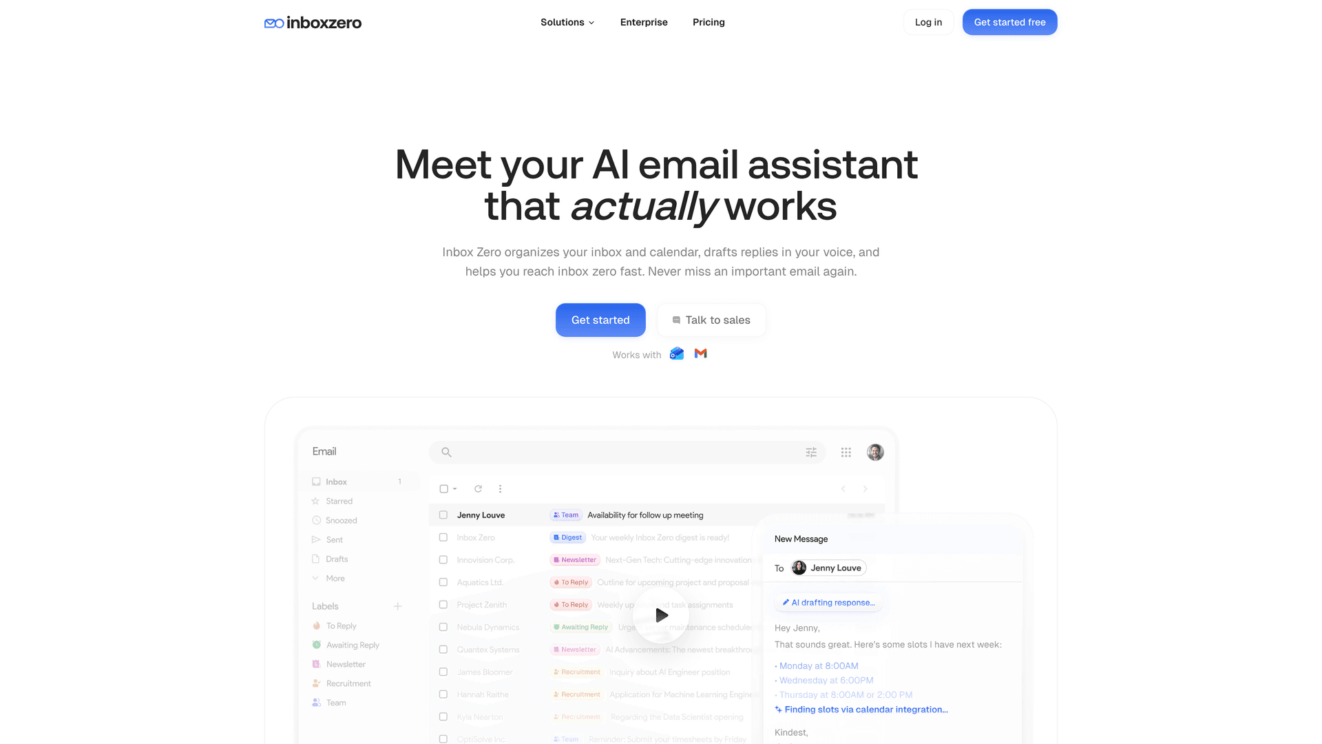 Inbox Zero homepage showing the AI email assistant hero with Gmail interface preview and Get started free CTA